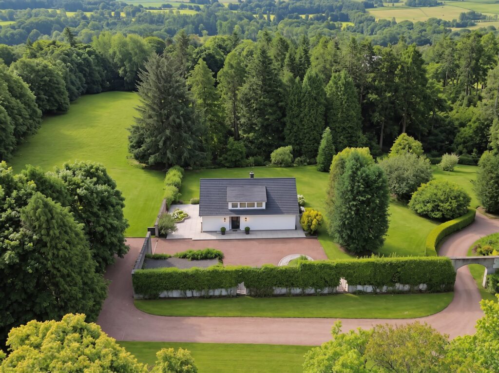Aerial view of Camden’s House surrounded by trees and lawns