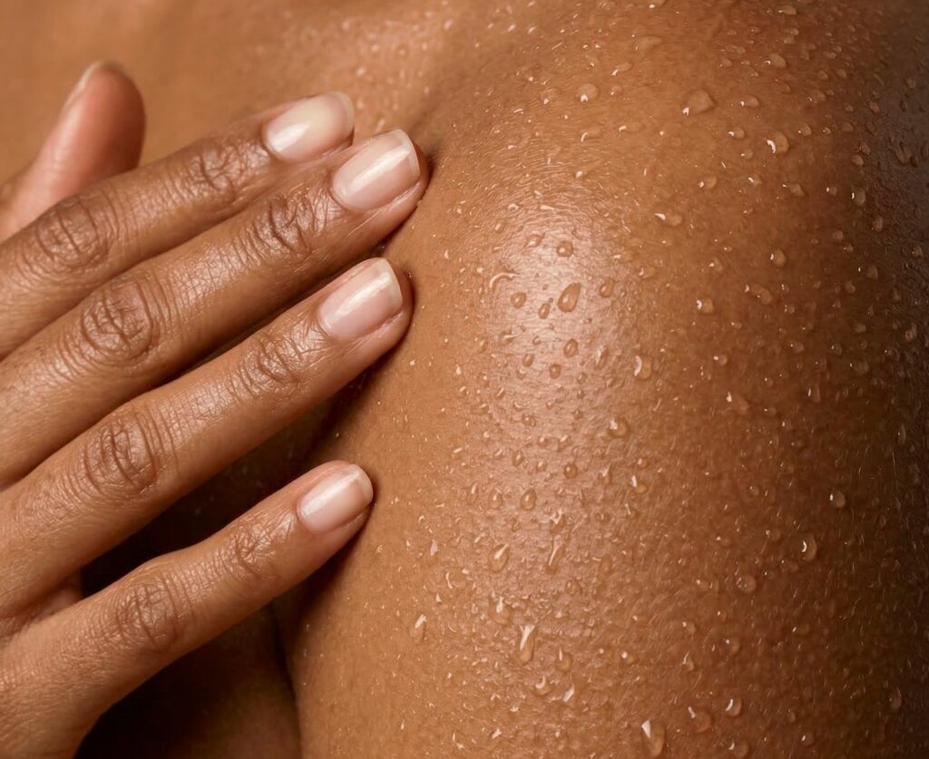 Close-up of hydrated skin on a shoulder